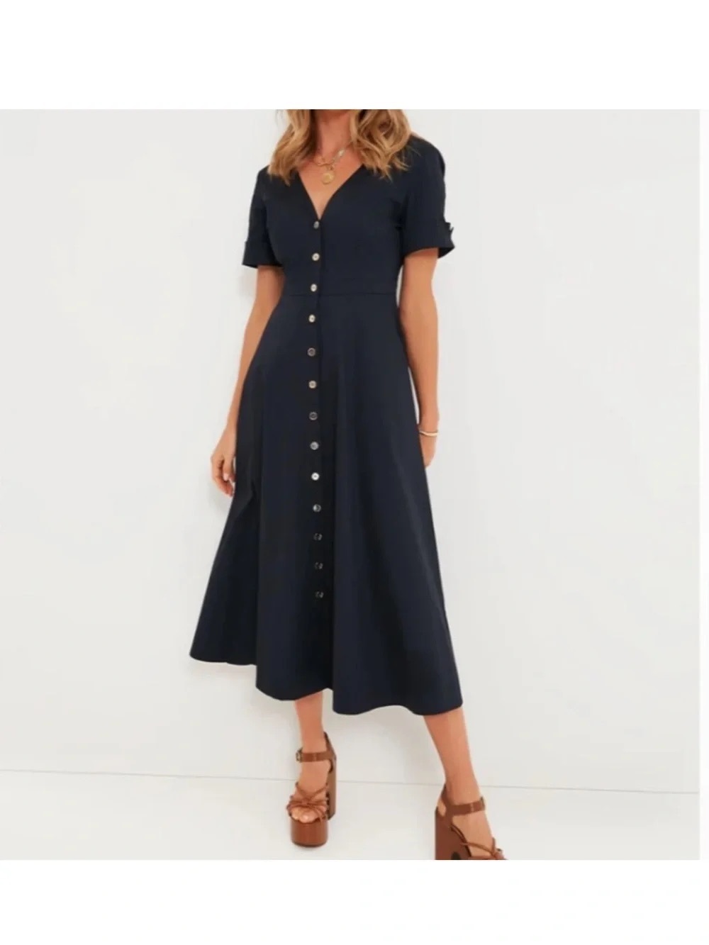 Tuckernuck Navy Katie Button-Front Poplin Cotton Midi Dress